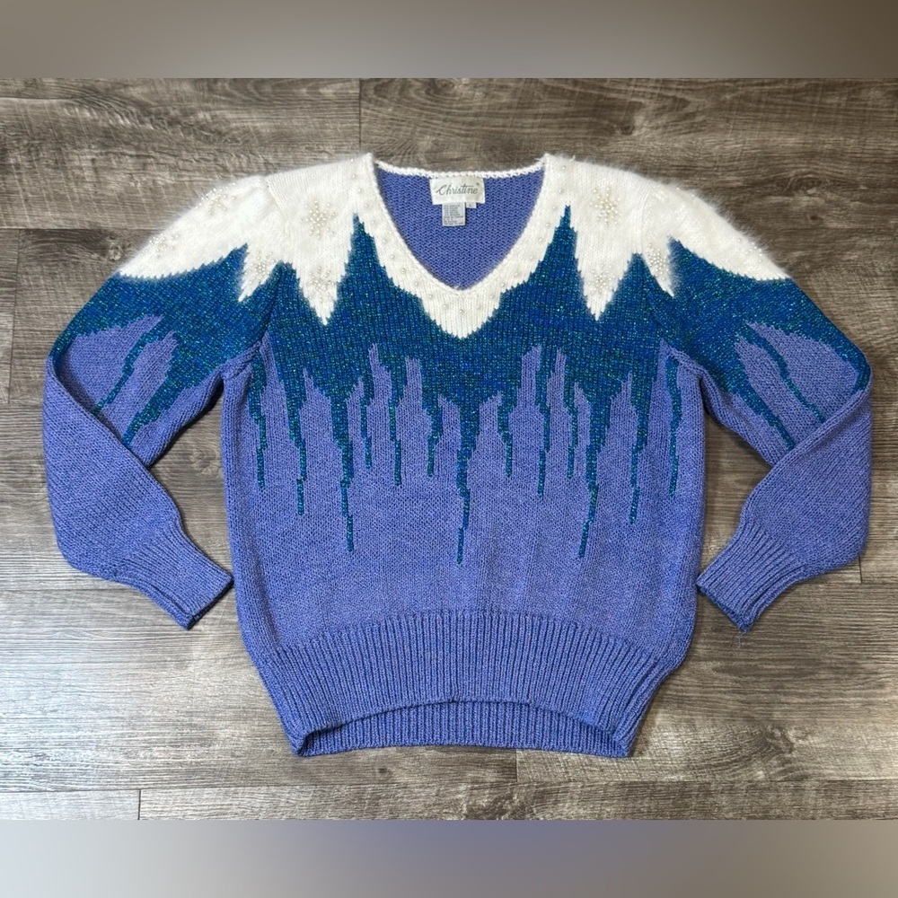 VINTAGE CHRISTINE LADIES SWEATER PURPLE HAND KNIT WITH WHITE ANGORA YOKE L